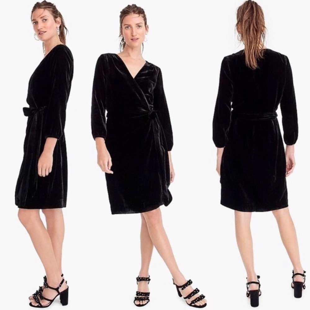 NWT J Crew Black Velvet Wrap Dress with sleeves